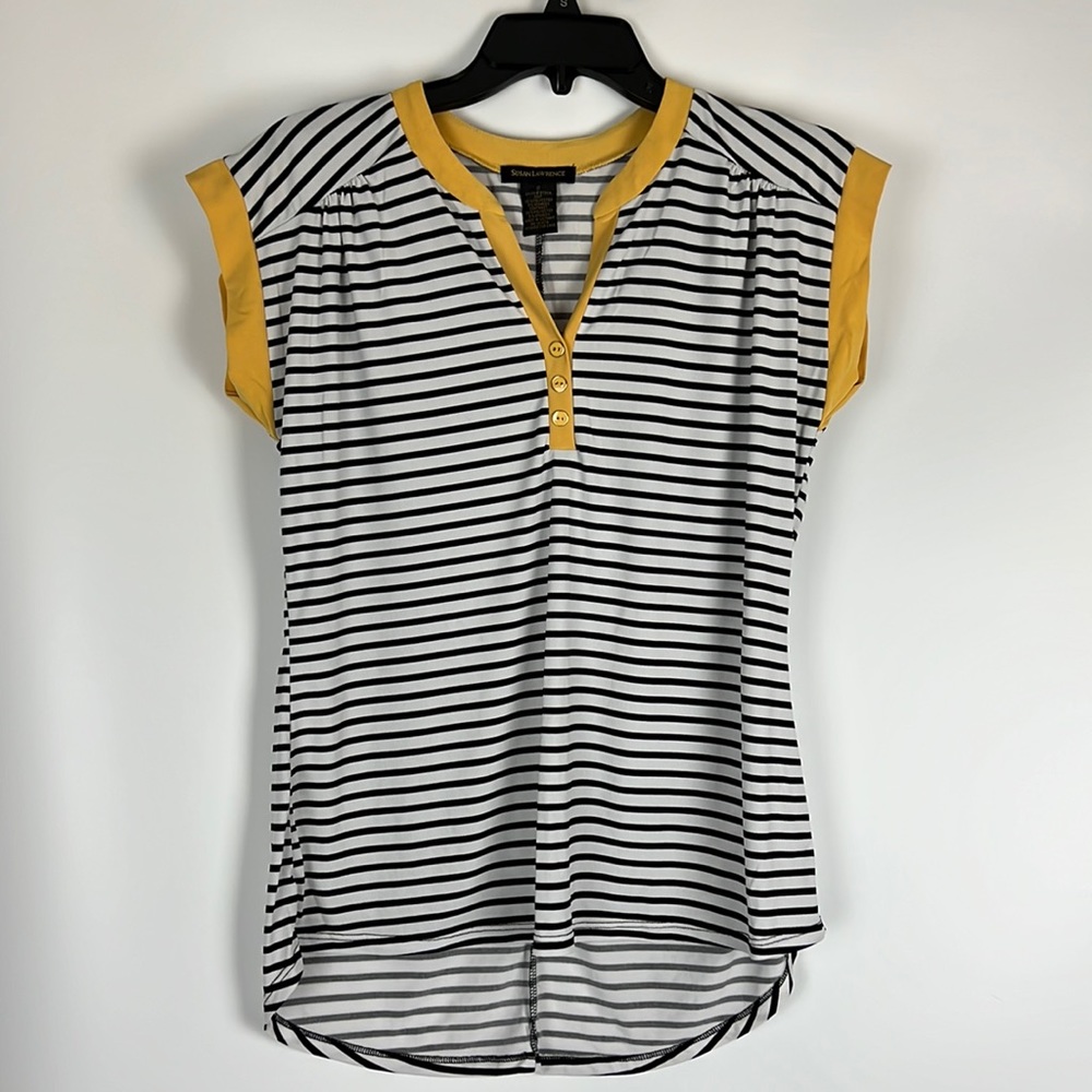 Susan Lawrence Shirt Stripped White & Black with Yellow Trim Collar Size: S
